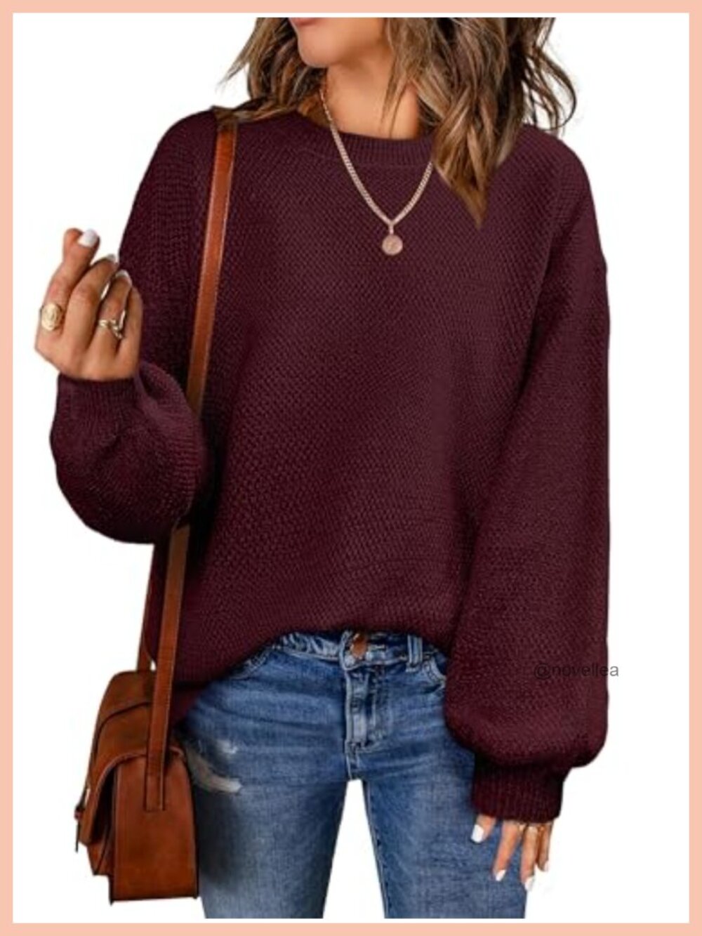 Oversized Knit Sweater Long Lantern Sleeve Crew Neck Pullover Women